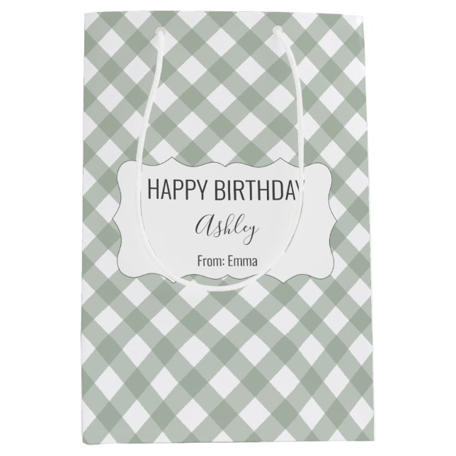 Happy Birthday + Name + From Green Gingham Medium Gift Bag (Front)