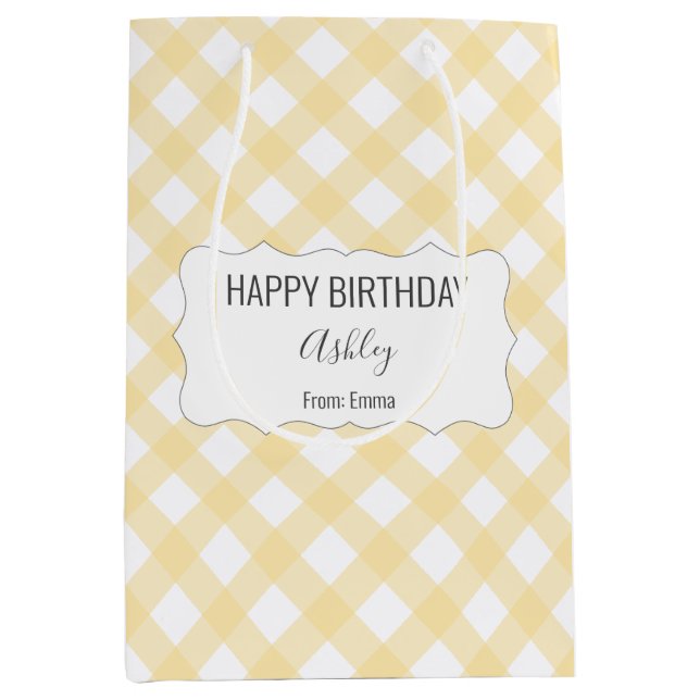 Happy Birthday + Name + From Yellow Gingham Medium Gift Bag (Front)