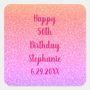 Happy Birthday Name Glittery Rose Gold Pink Custom Square Sticker
