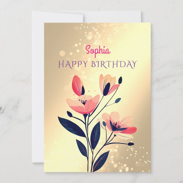 Happy Birthday, Name, Message, Flowers on Gold Holiday Card (Front)