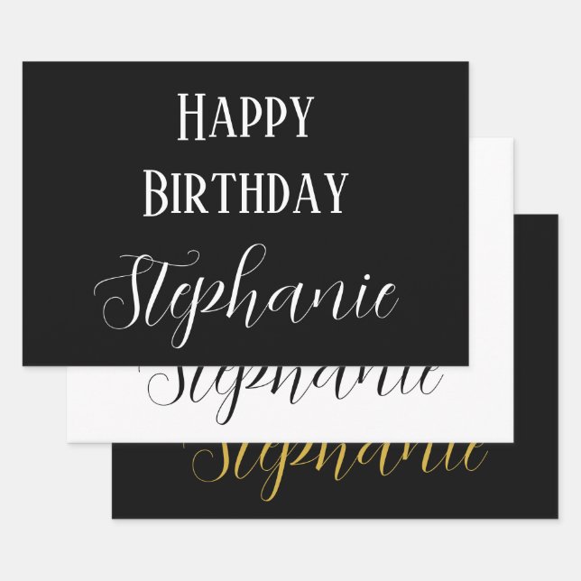 Happy Birthday Name Monogram Gold Black White Wrapping Paper Sheet (Set)