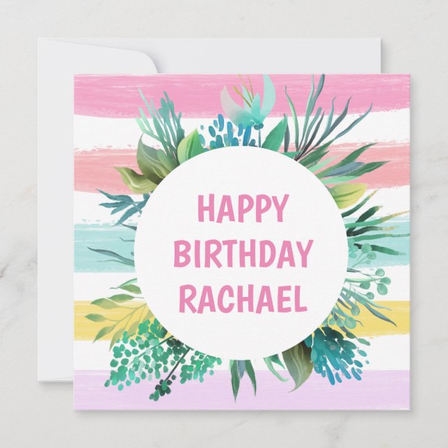 Happy Birthday Name Pastel Stripes Leaf Birthday Holiday Card (Front)