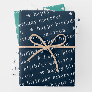 Happy Birthday Name Pattern Blue Teal Wrapping Paper Sheet