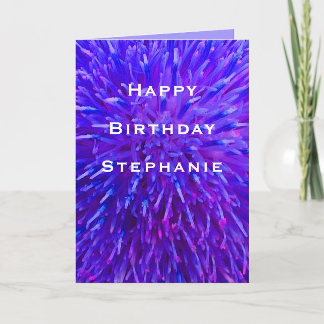 Happy Birthday, Name, Purple Abstract Greeting Card (Front)