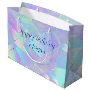 Happy Birthday, Name, Teal & Purple Iridescent Large Gift Bag