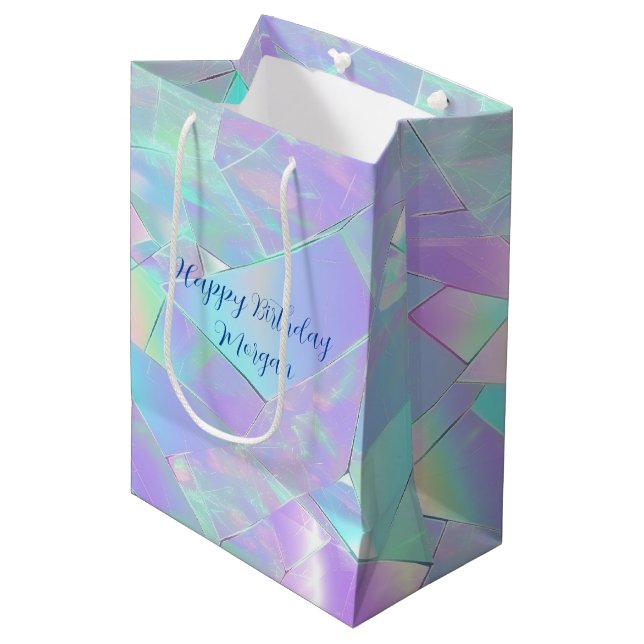 Happy Birthday, Name, Teal & Purple Iridescent Medium Gift Bag (Front Angled)