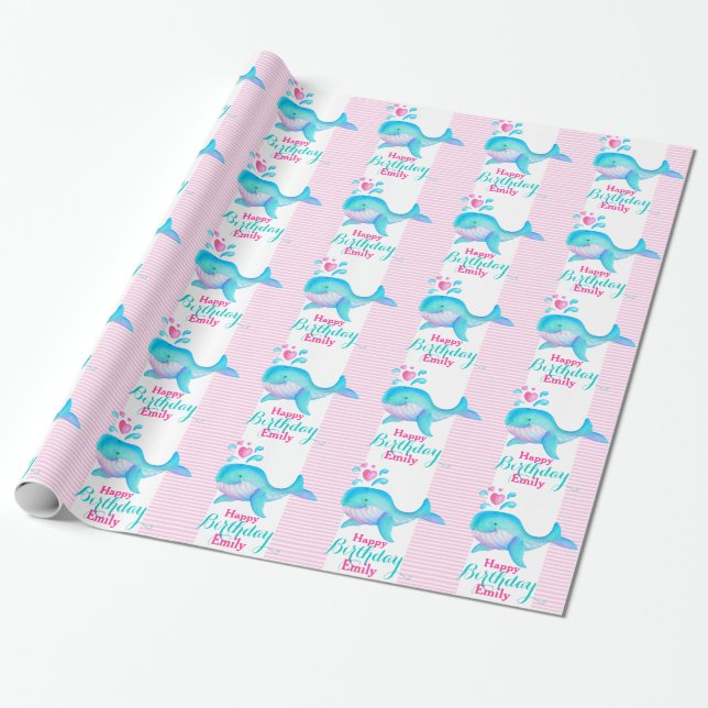 Happy birthday named whale art wrap wrapping paper (Unrolled)
