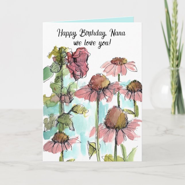 Happy Birthday Nana Pink Wildflowers Watercolor Card (Front)