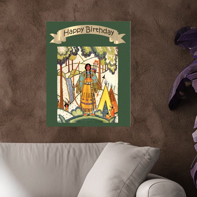 Happy Birthday Native American Woman Embroidery Poster (Happy Birthday poster decoration embroidery texture Native American woman in woods on green.)