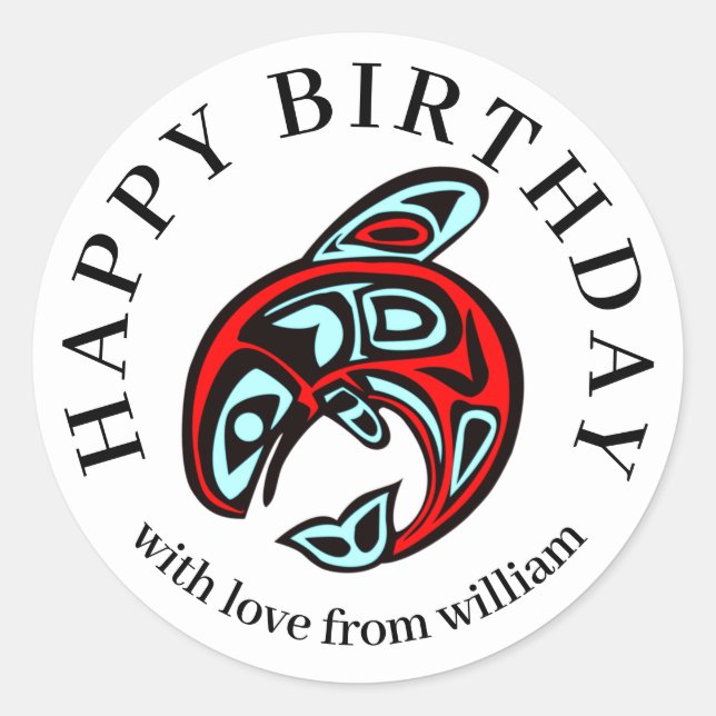 Happy Birthday Native Orca Art Killer Whale Classic Round Sticker (Front)