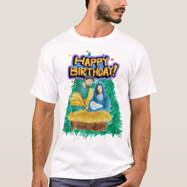 Happy Birthday Nativity Watercolor T-Shirt (Front)