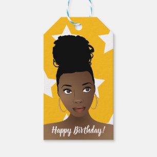 Happy Birthday! Natural Beauty, White Stars, Gold Gift Tags
