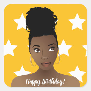 Happy Birthday! Natural Beauty, White Stars, Gold Square Sticker