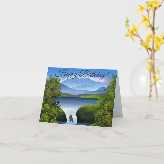 Happy Birthday Nature Mountain Landscape Waterfall Card (Yellow Flower)