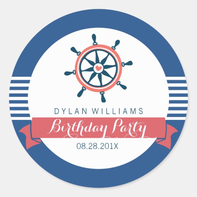 Happy Birthday Nautical Boat Wheel Classic Round Sticker (Front)