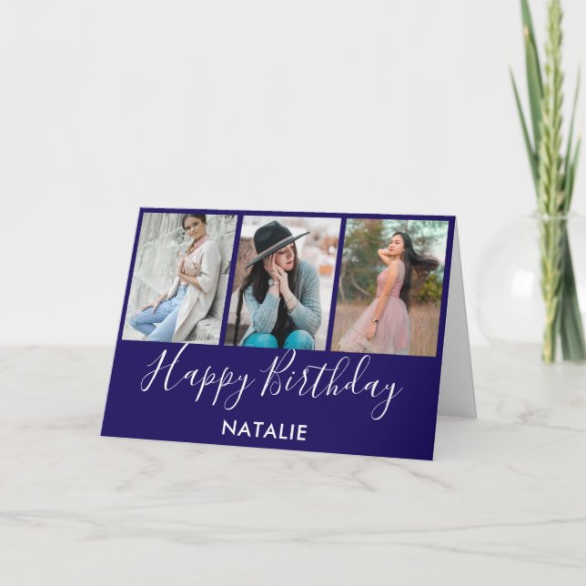 Happy Birthday Navy Blue and White 3 Photo Collage Card (Front)