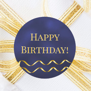 Happy Birthday navy blue gold decor Classic Round Sticker