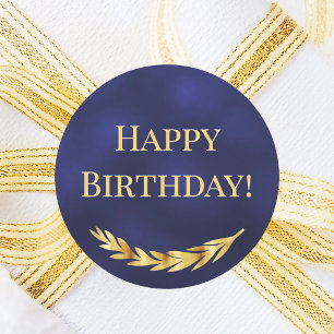 Happy Birthday navy blue gold decor Classic Round Sticker