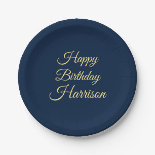 Happy Birthday navy blue gold script custom name Paper Plate
