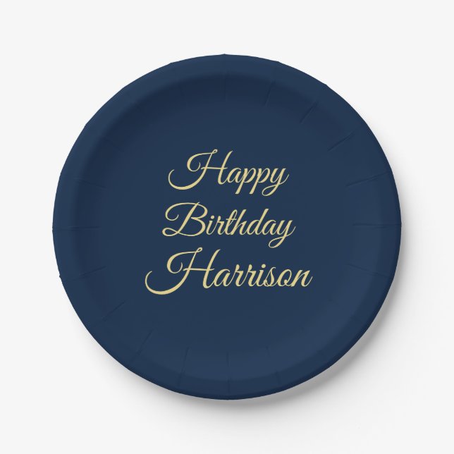 Happy Birthday navy blue gold script custom name Paper Plate (Front)