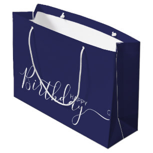 Happy Birthday Navy Blue White Elegant  Large Gift Bag