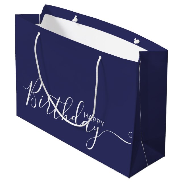 Happy Birthday Navy Blue White Elegant  Large Gift Bag (Back Angled)