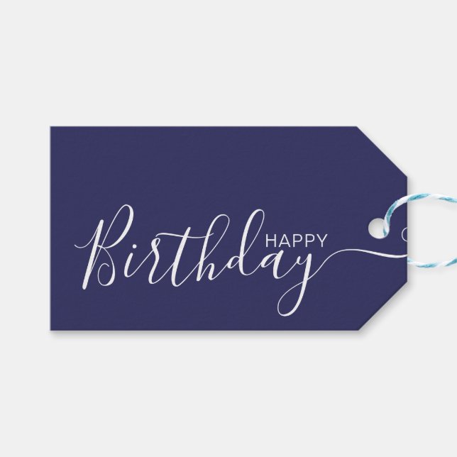 Happy Birthday Navy Blue White Modern Gift Tags (Front (Horizontal))
