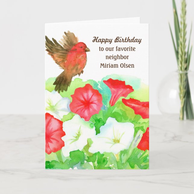 Happy Birthday Neighbour Red Petunias Finch Bird Card (Front)