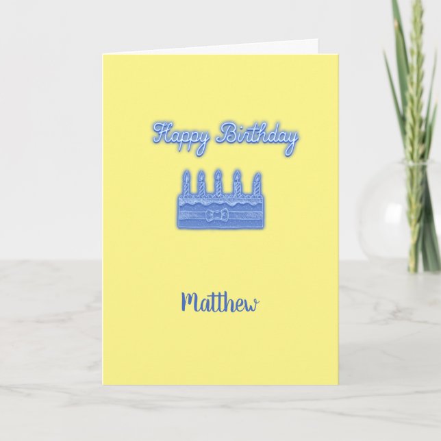 Happy Birthday Neon Blue Text with Cake Custom Card (Front)