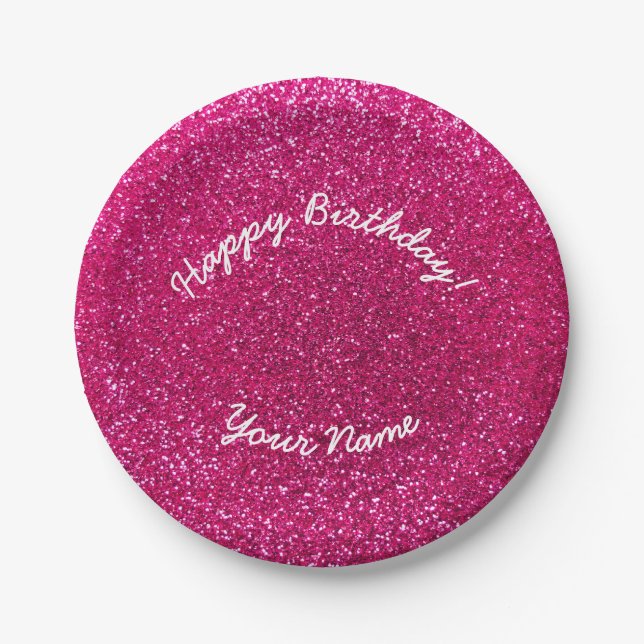 Happy Birthday neon hot pink glitter Paper Plate (Front)