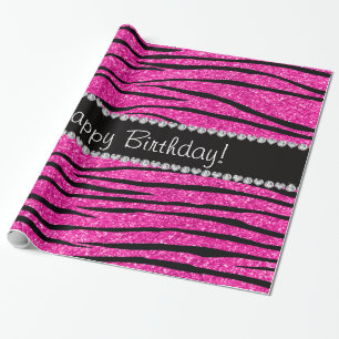 Happy birthday neon hot pink glitter zebra stripes wrapping paper