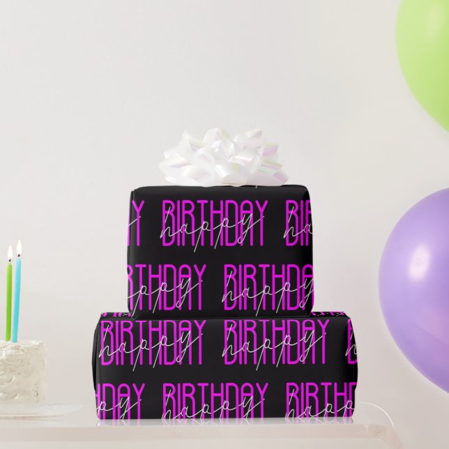 Happy Birthday Neon Pink on Black Wrapping Paper (Party Gifts)