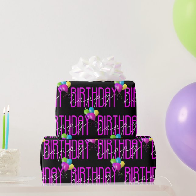 Happy Birthday Neon Pink With Balloons Wrapping Paper (Party Gifts)