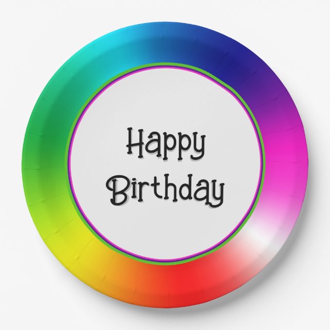 Happy Birthday Neon Rainbow Vortex Paper Plate (Front)