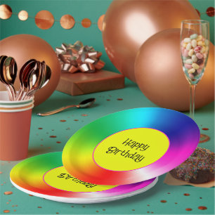 Happy Birthday Neon Rainbow Vortex Paper Plate