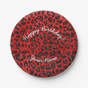 Happy Birthday neon red glitter leopard Paper Plate