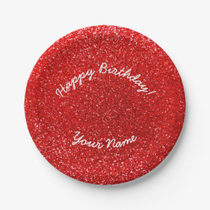 Happy Birthday neon red glitter Paper Plate