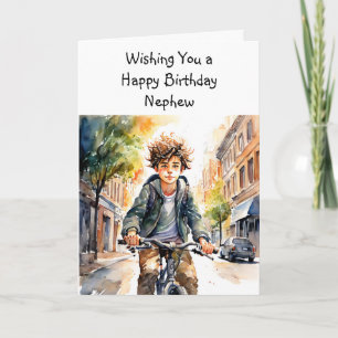 Happy Birthday Nephew Boy on Bike in City Card