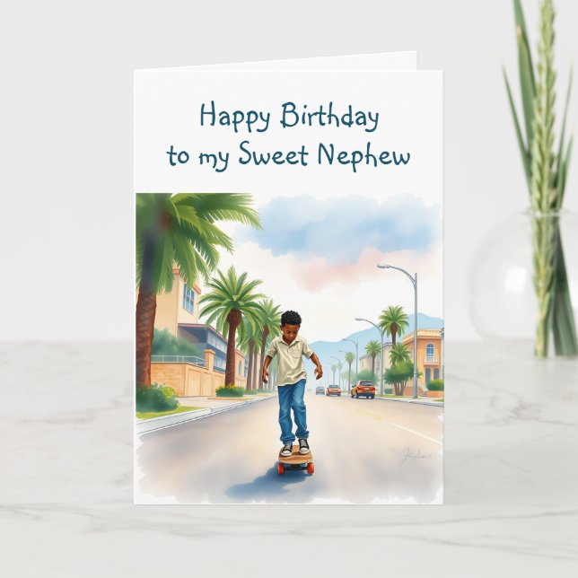 Happy Birthday Nephew |  Boy on Bike in City Card (Front)