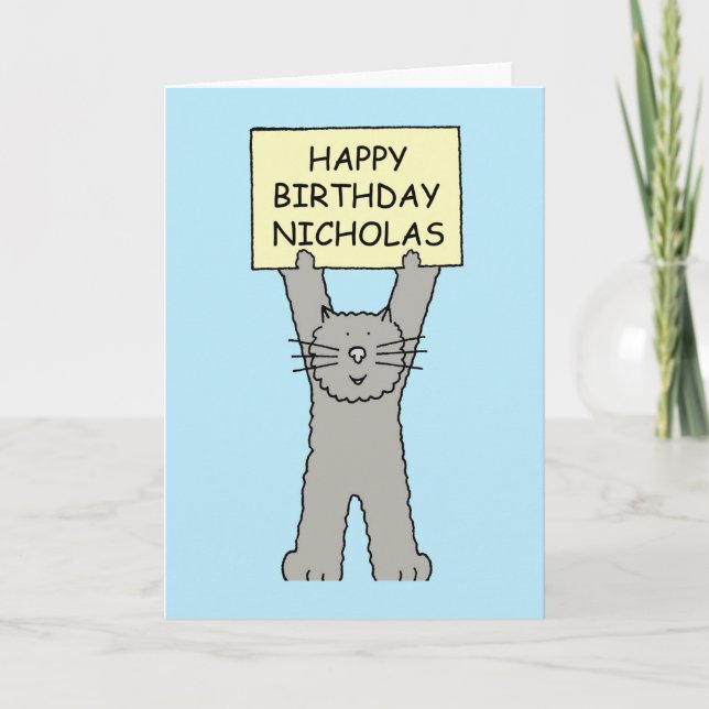 Happy Birthday Nicholas Cartoon Cat Card (Front)