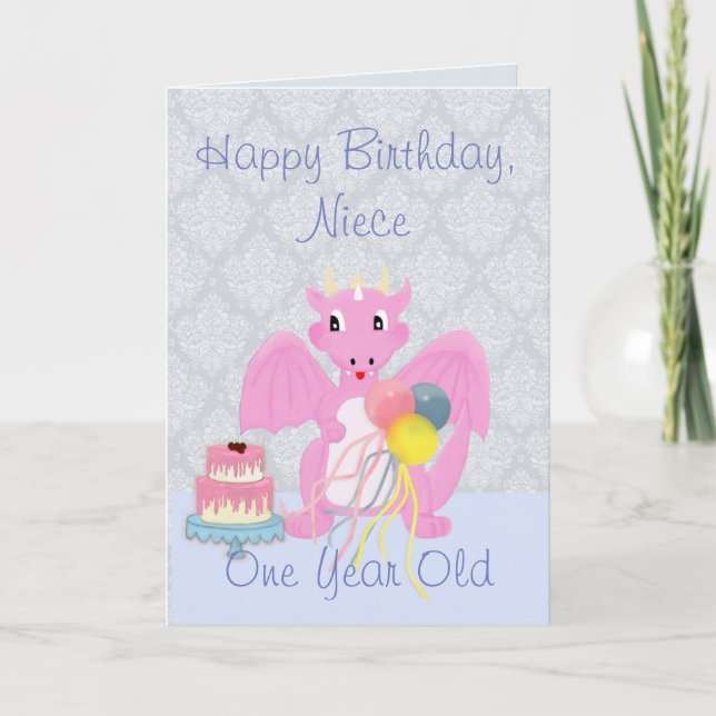 Happy Birthday Niece, Cute Pink Dragon Cartoon Card (Front)