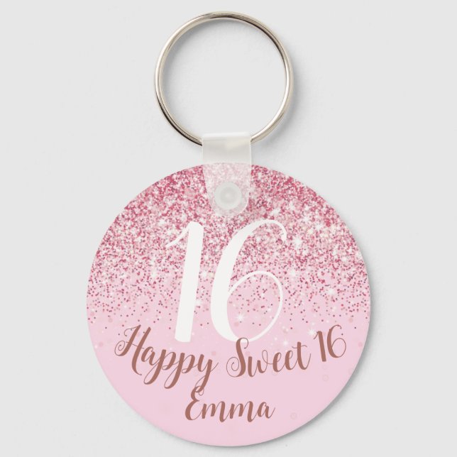 Happy Birthday niece Sweet 16 Blush Pink Glitter Key Ring (Front)