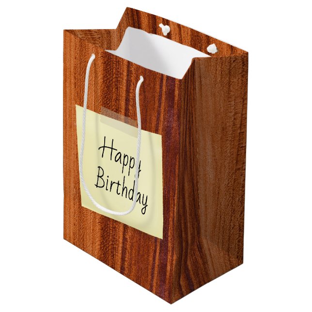 Happy Birthday Note On Wood Medium Gift Bag (Front Angled)