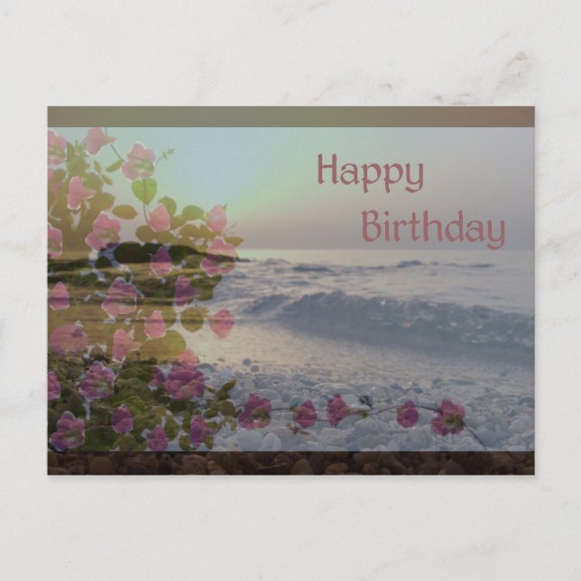 Happy Birthday - Ocean & Bougainvillea flowers Postcard (Front)