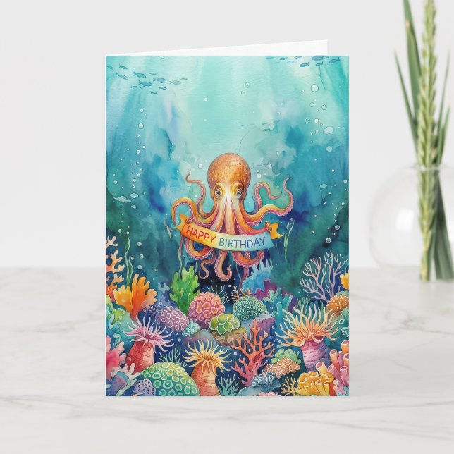 Happy Birthday Octopus Ocean Sea Life Water Fish Card (Front)