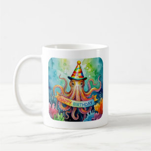 Happy Birthday Octopus Party Hat Watercolor Design Coffee Mug