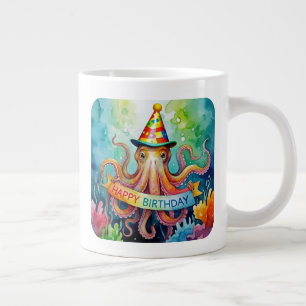 Happy Birthday Octopus Party Hat Watercolor Design Large Coffee Mug