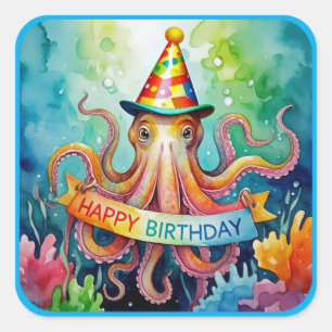Happy Birthday Octopus Party Hat Watercolor Design Square Sticker