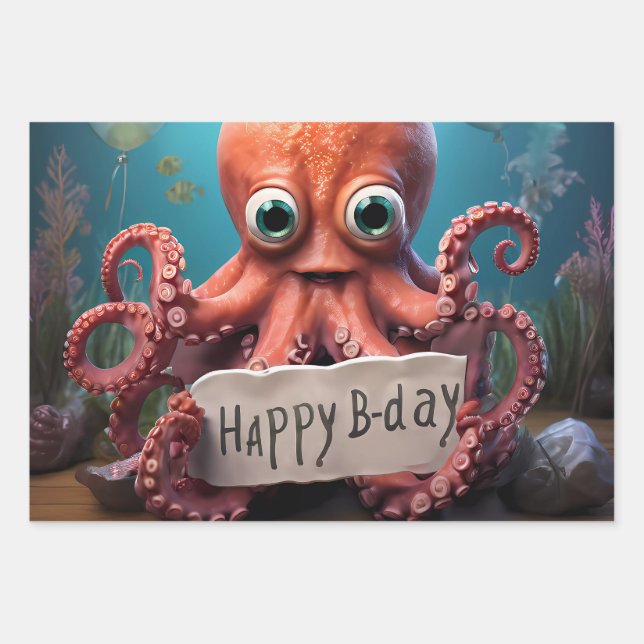 Happy Birthday Octopus Wrapping Paper Sheet (Front)