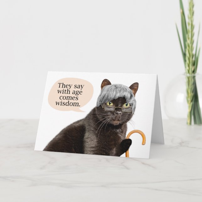 Happy Birthday Older Cat in Grey Wig With Glasses  Holiday Card (Front)